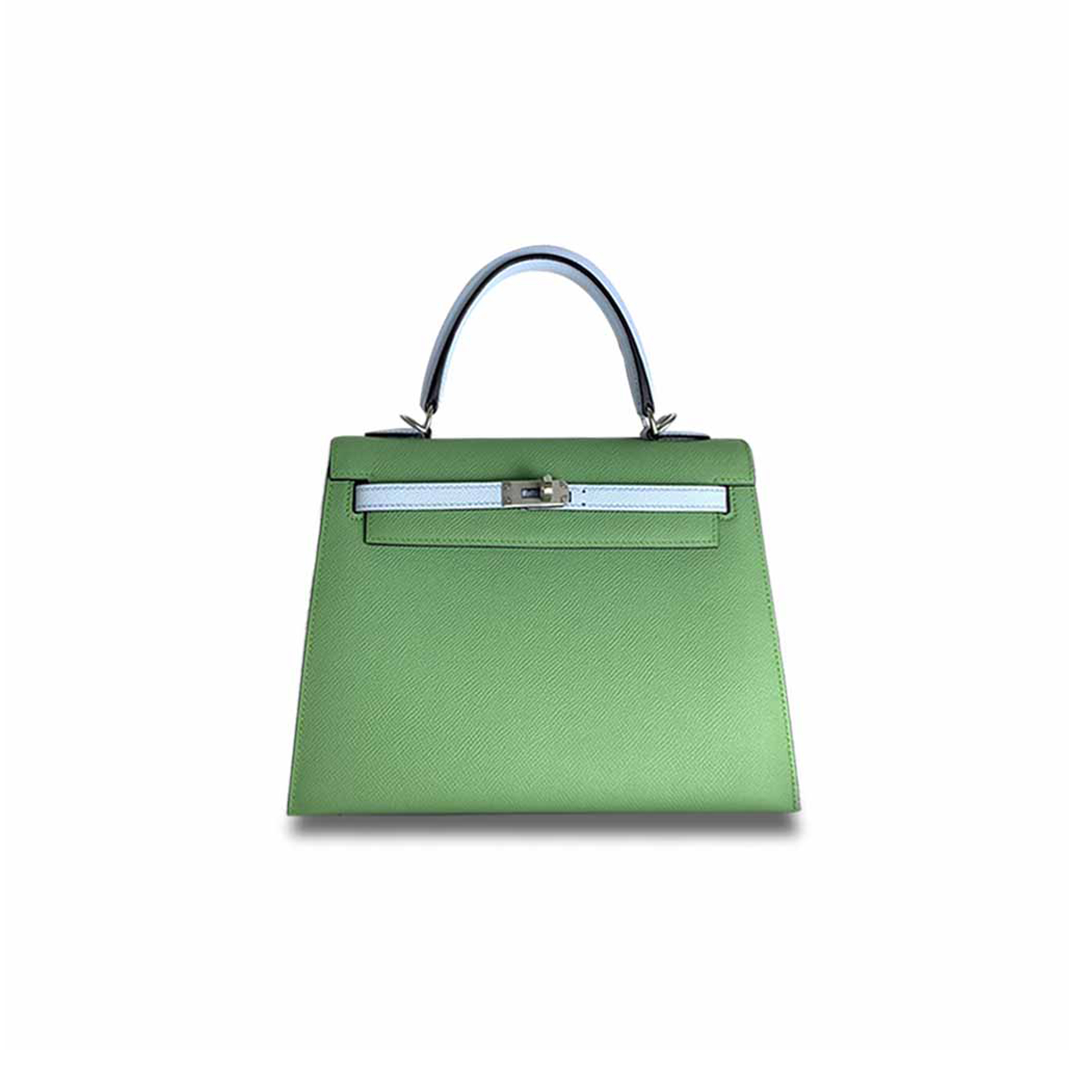 HERMÈS KELLY 25 EPSOM LEATHER AVOCADO GREEN AND HAZE BLUE SILVER BUCKLE (25*17*7cm) 